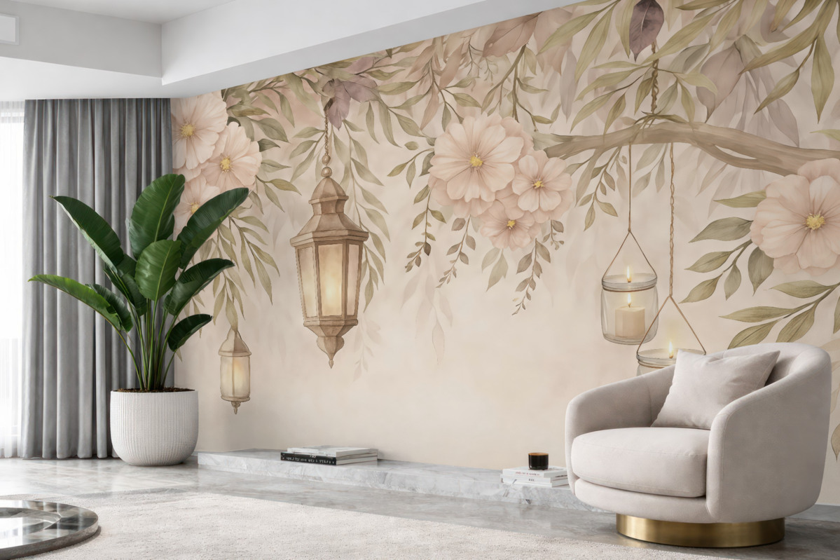 Fototapeta Subtelne kwiaty i zielone gałązki opadają w dół.