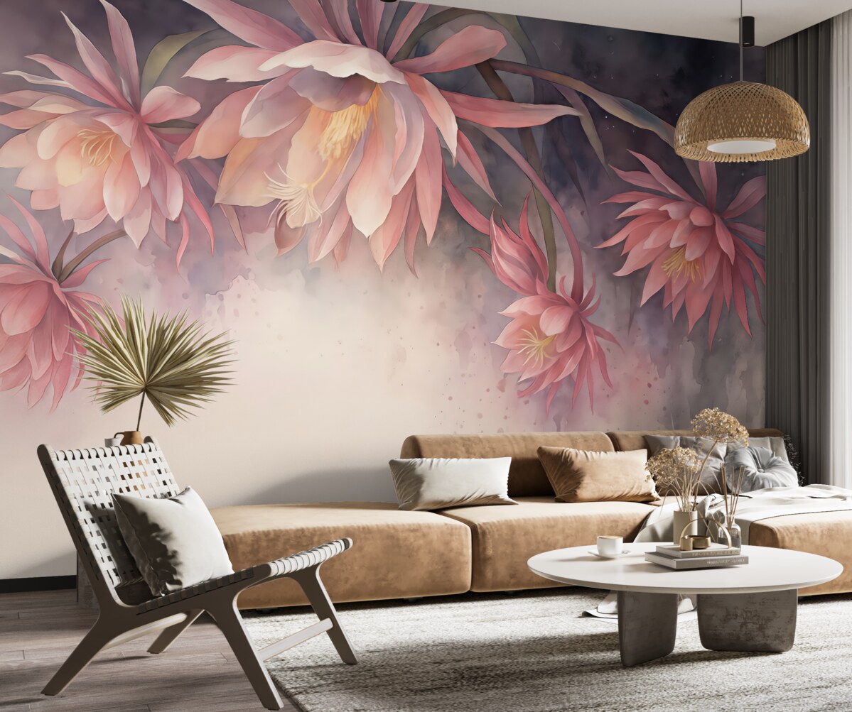 Fototapeta Wielkie kwiaty lilii wodnej na abstrakcyjnym tle farb akwarelowych.