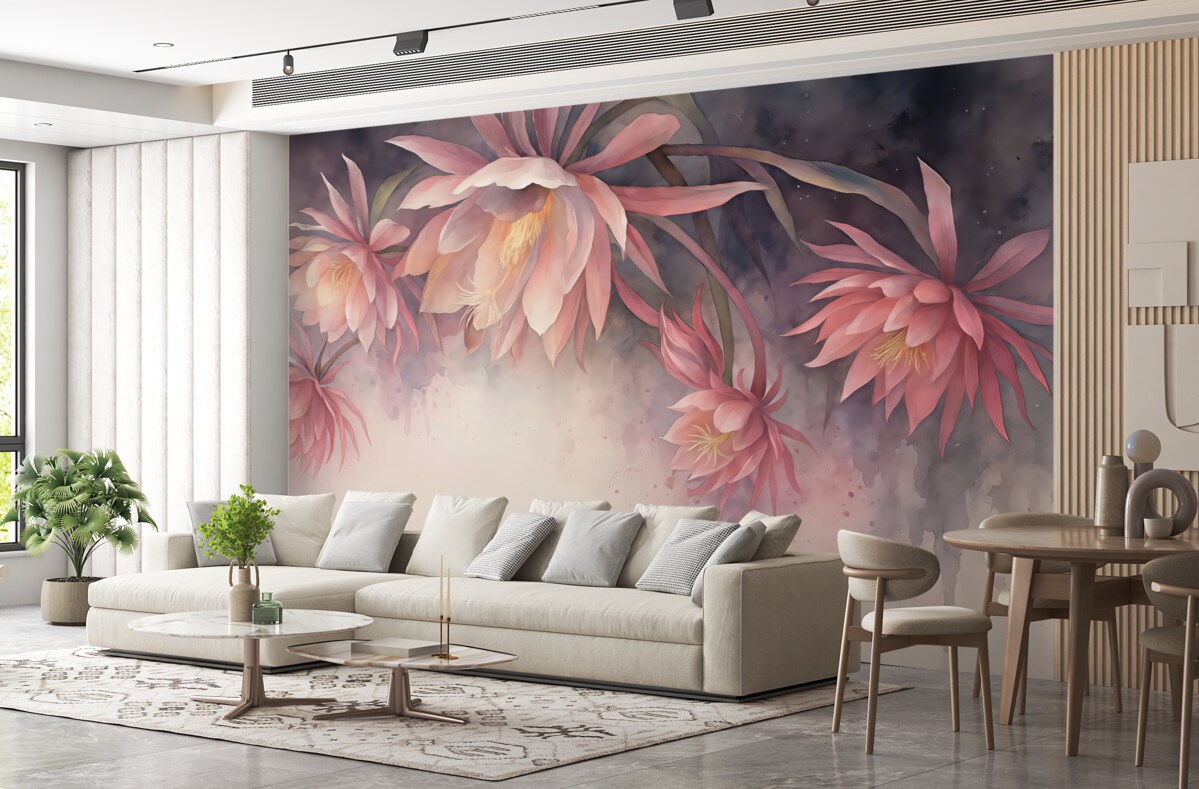 Fototapeta Wielkie kwiaty lilii wodnej na abstrakcyjnym tle farb akwarelowych.