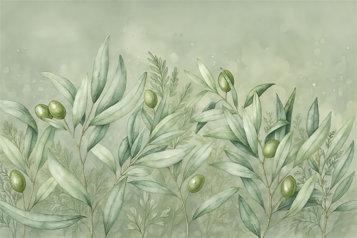 Fototapeta Wizualizacja oliwek, kwiecisty motyw, tropikalny, akwarelowy, rozłożyste liście, odcienie zieleni.
