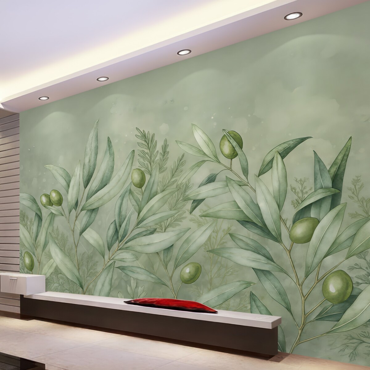 Fototapeta Wizualizacja oliwek, kwiecisty motyw, tropikalny, akwarelowy, rozłożyste liście, odcienie zieleni.