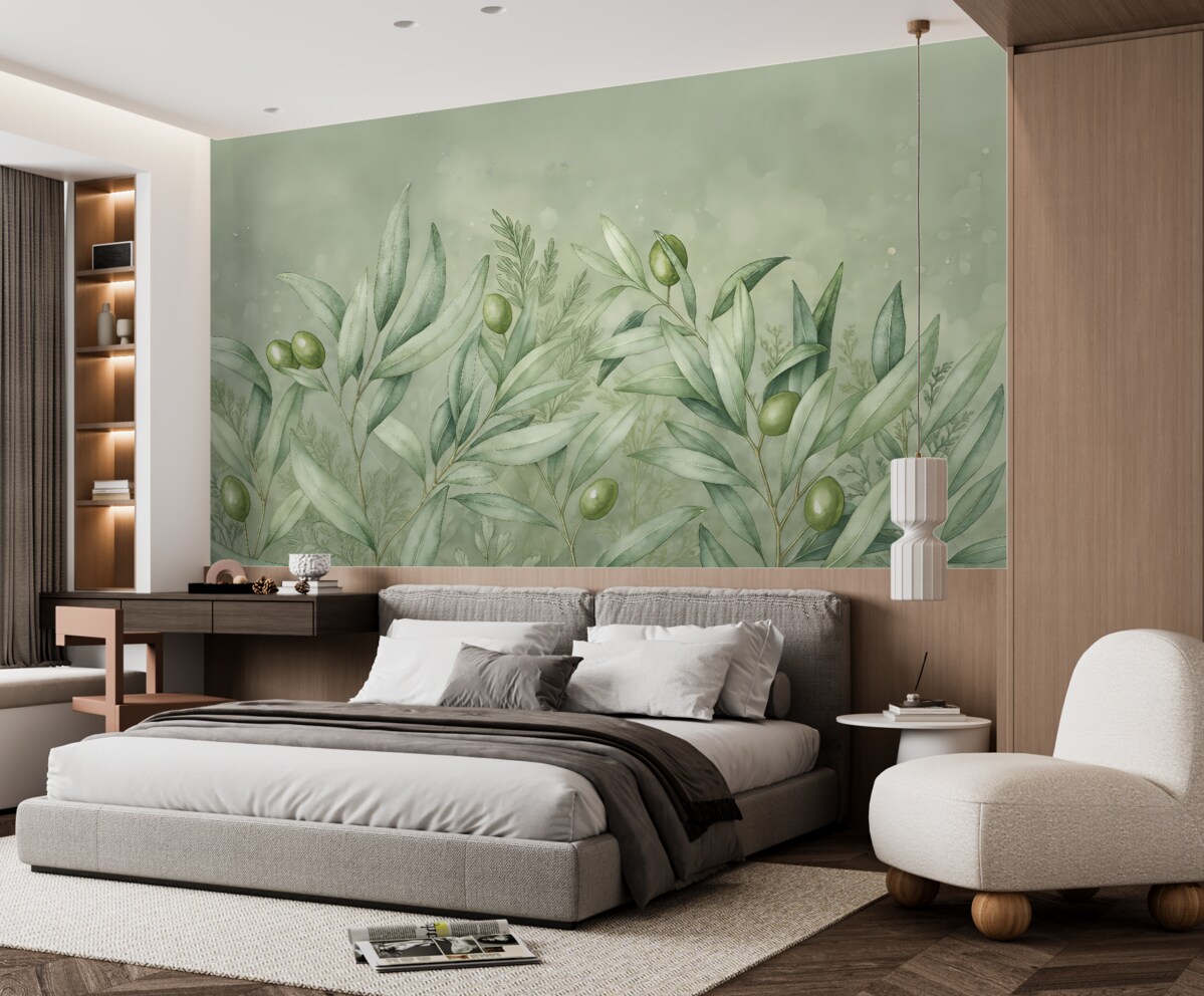 Fototapeta Wizualizacja oliwek, kwiecisty motyw, tropikalny, akwarelowy, rozłożyste liście, odcienie zieleni.