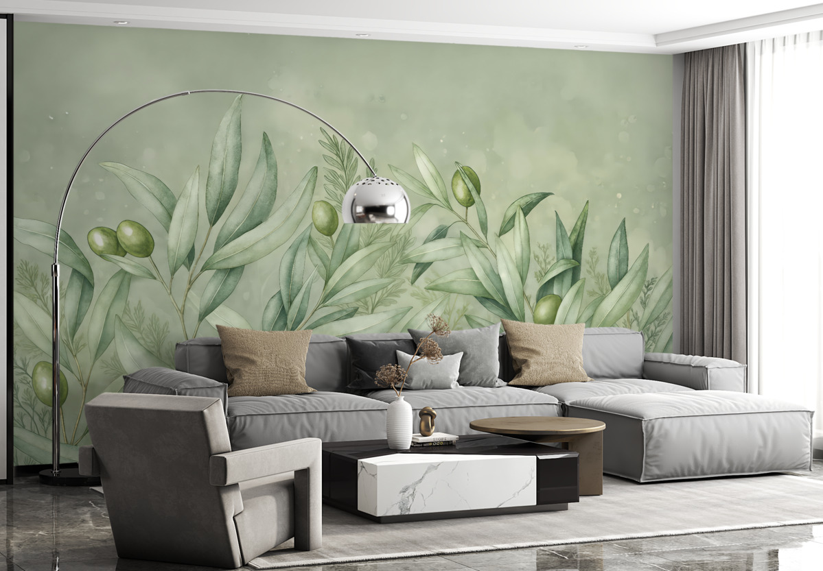 Fototapeta Wizualizacja oliwek, kwiecisty motyw, tropikalny, akwarelowy, rozłożyste liście, odcienie zieleni.