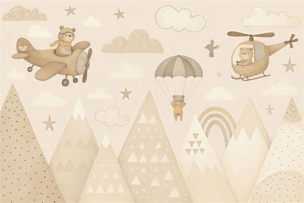 Fototapeta Beżowe szczyty z helikopterem, samolotem i zwierzętami.