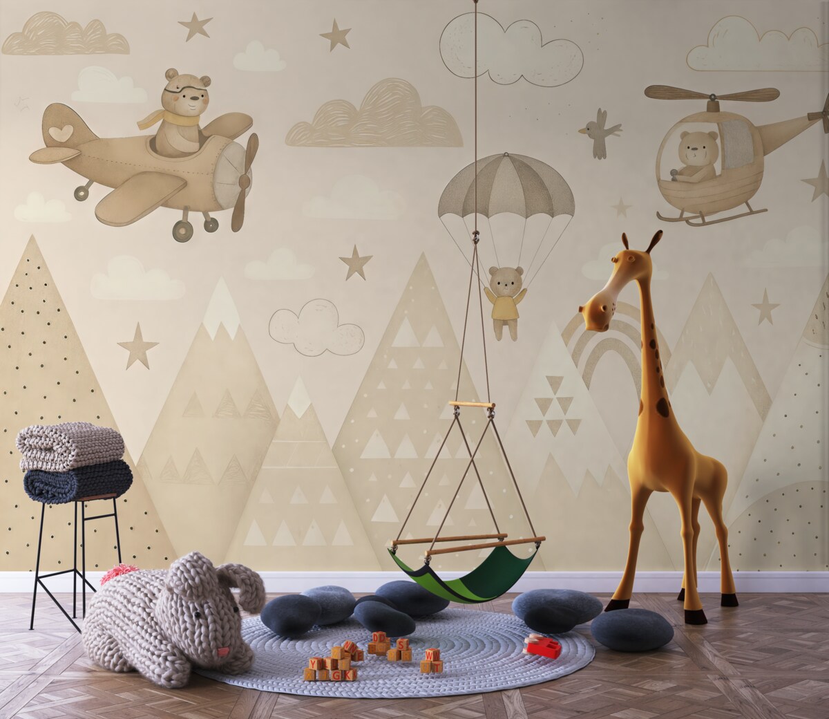 Fototapeta Beżowe szczyty z helikopterem, samolotem i zwierzętami.