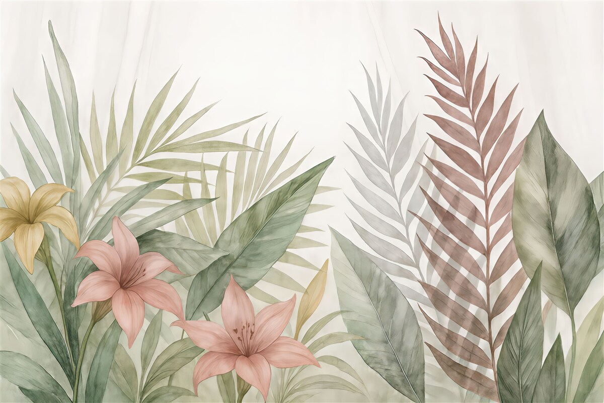 Fototapeta Subtelne tropikalne liście oraz kwiaty na jasnym tle.