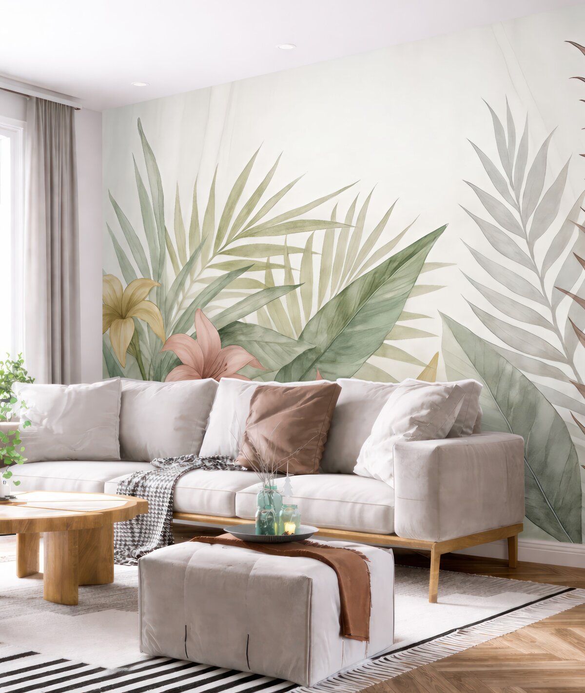 Fototapeta Subtelne tropikalne liście oraz kwiaty na jasnym tle.