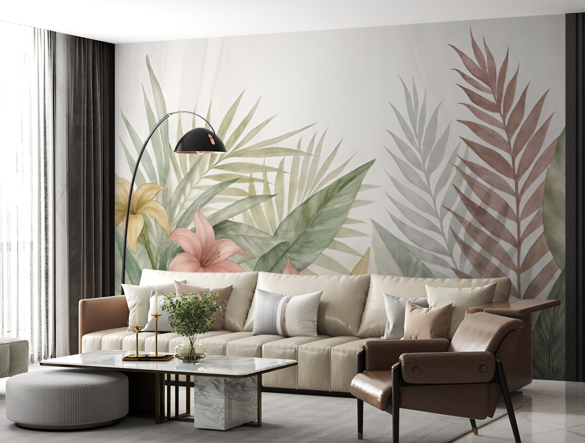 Fototapeta Subtelne tropikalne liście oraz kwiaty na jasnym tle.