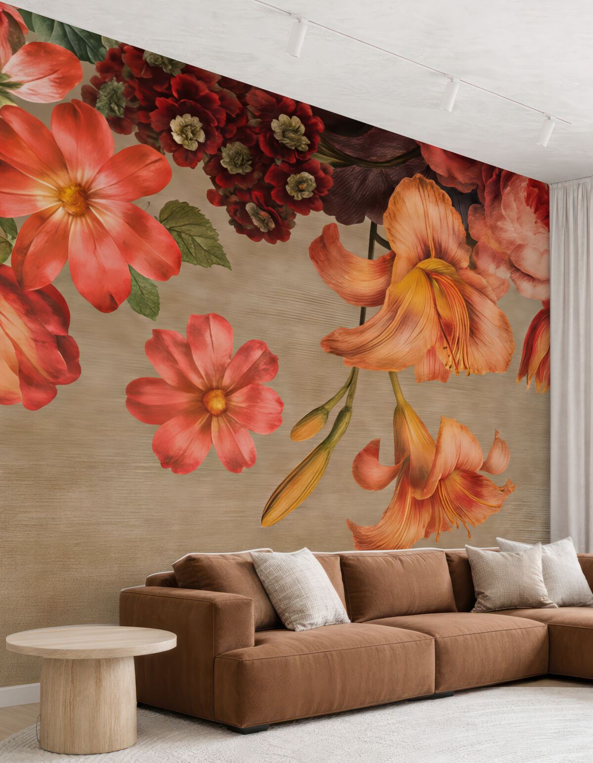 Fototapeta Ilustracja botaniczna przedstawiająca bukiet kwiatów w martwej naturze na brązowym tle.