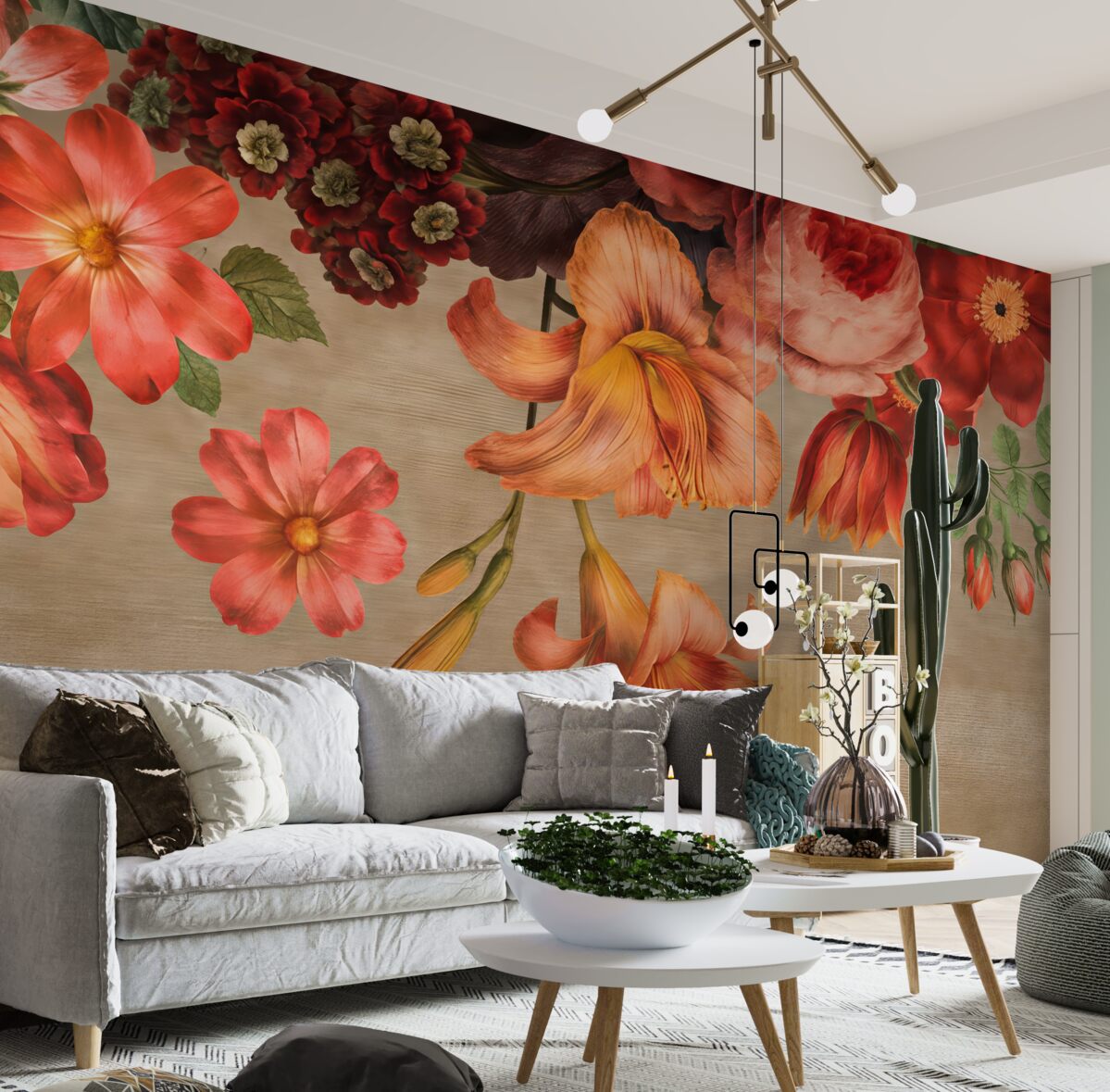 Fototapeta Ilustracja botaniczna przedstawiająca bukiet kwiatów w martwej naturze na brązowym tle.