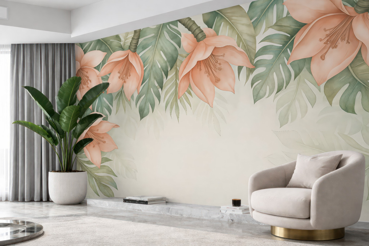 Fototapeta Subtelne kwiaty w otoczeniu zielonych liści.