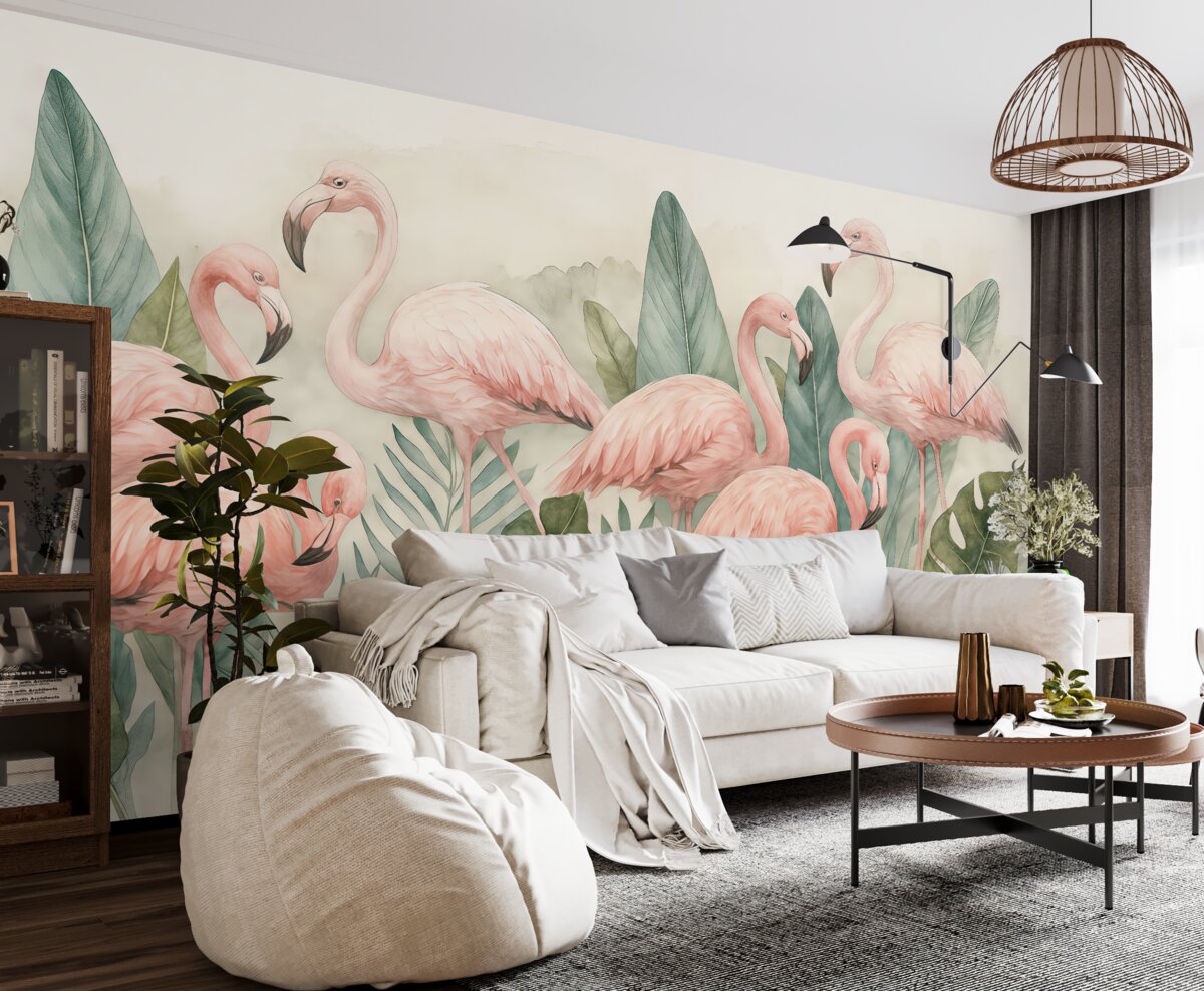 Fototapeta Flamingi w tropikalnych liściach, akwarela, różowe oraz zielone barwy.