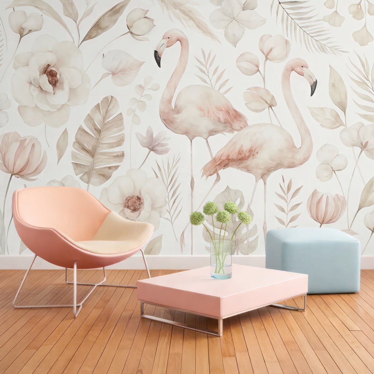 Fototapeta Akwarela w stylu boho, flamingi, liście tropikalne, bawełniane, orchidee, piwonie, róż i beż.