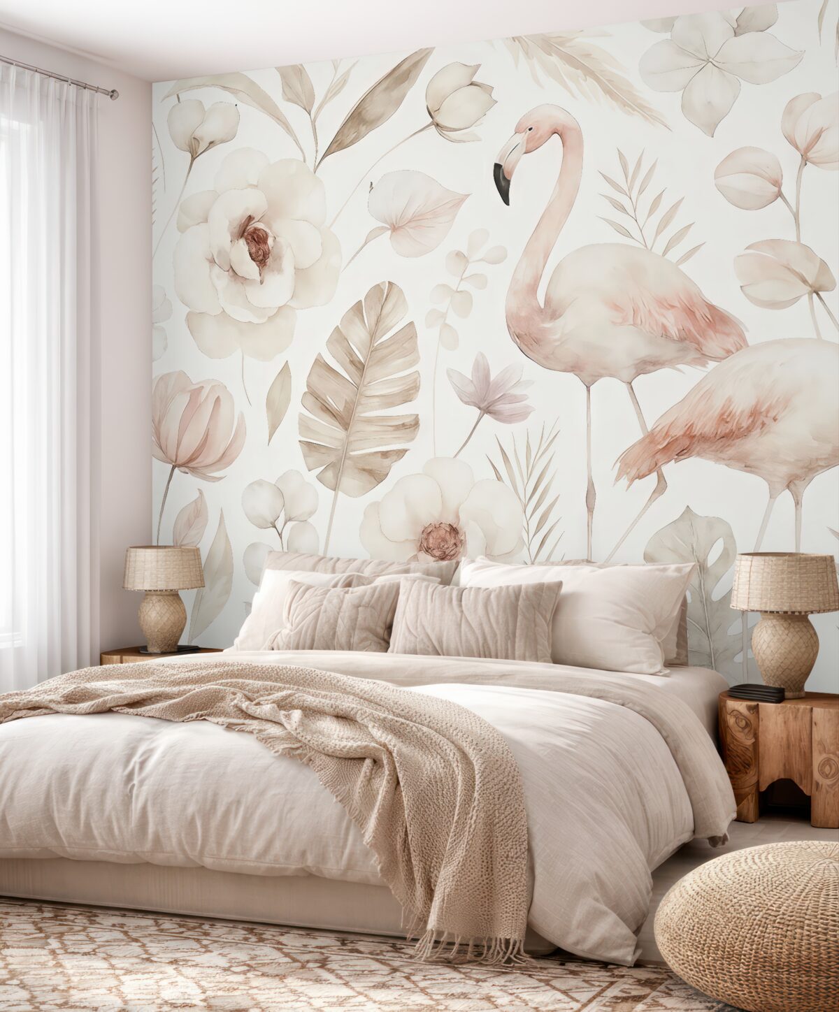 Fototapeta Akwarela w stylu boho, flamingi, liście tropikalne, bawełniane, orchidee, piwonie, róż i beż.