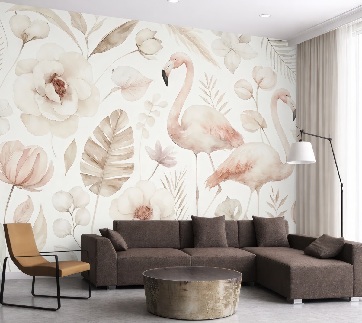 Fototapeta Akwarela w stylu boho, flamingi, liście tropikalne, bawełniane, orchidee, piwonie, róż i beż.