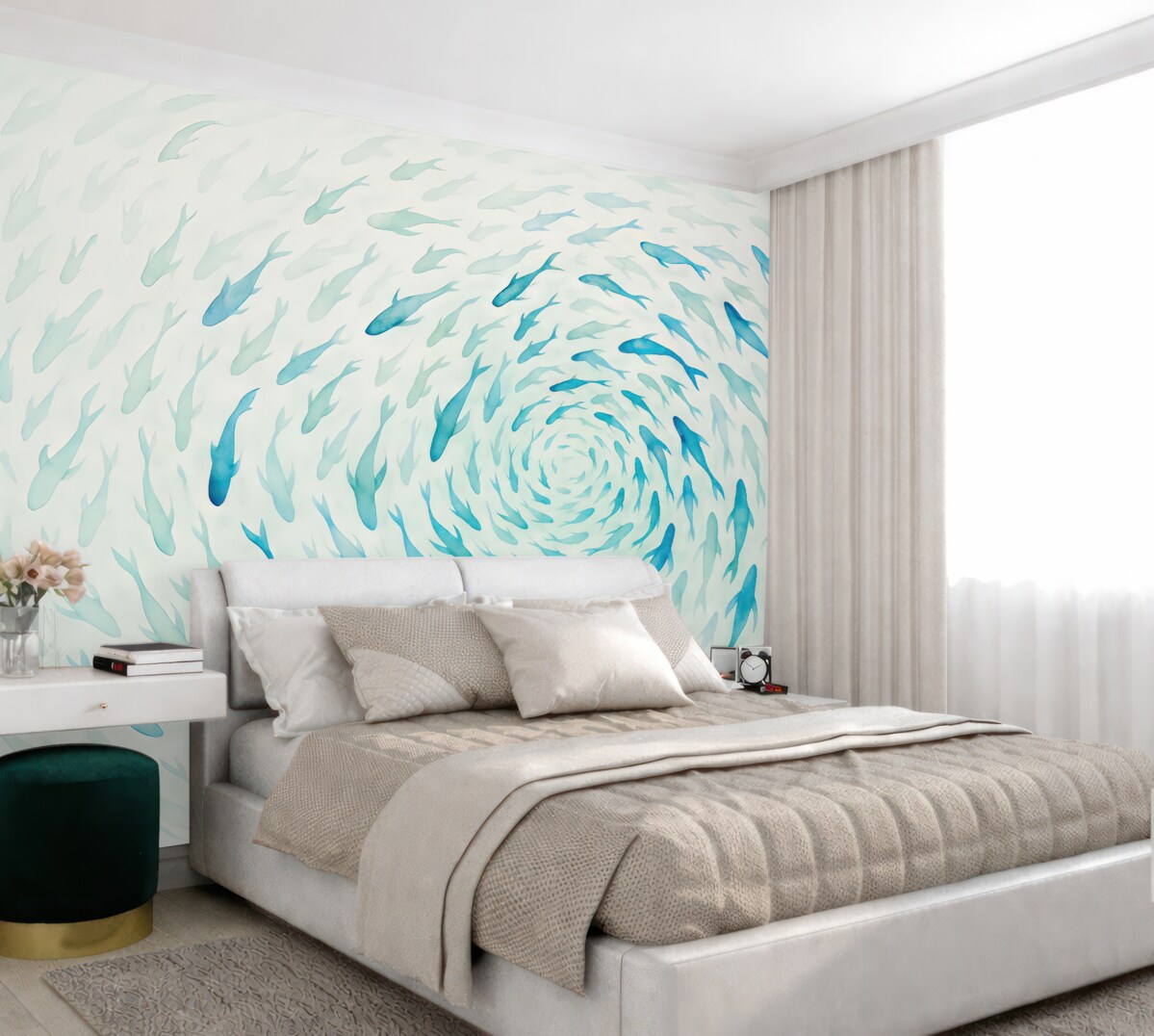 Fototapeta Ryba wirująca w wirze, taniec ryb, akwarela, rekin, kompozycja abstrakcyjna, minimalizm, odcienie niebieskiego i zielonego.