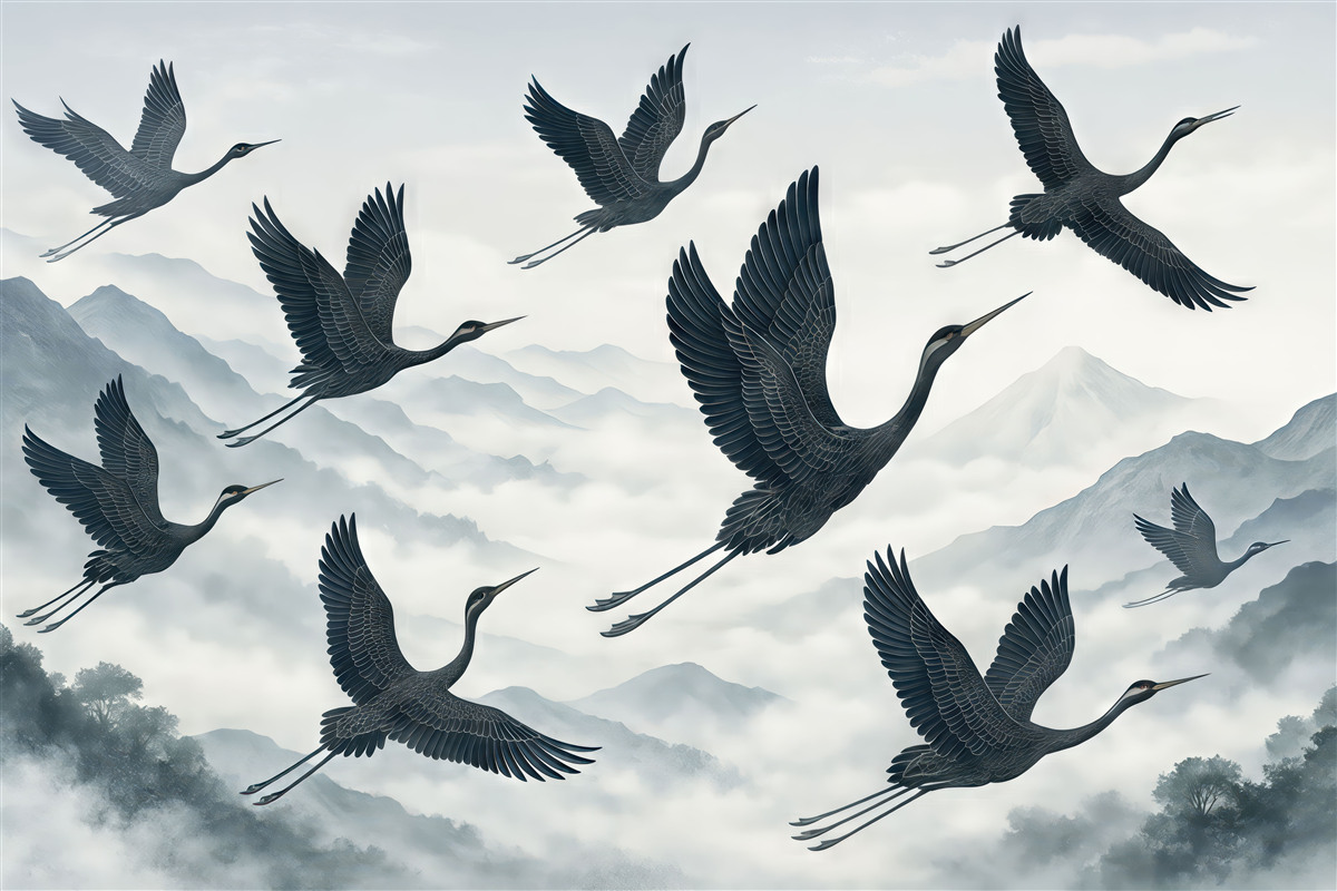 Fototapeta Żurawie unoszące się nad błękitnymi szczytami.