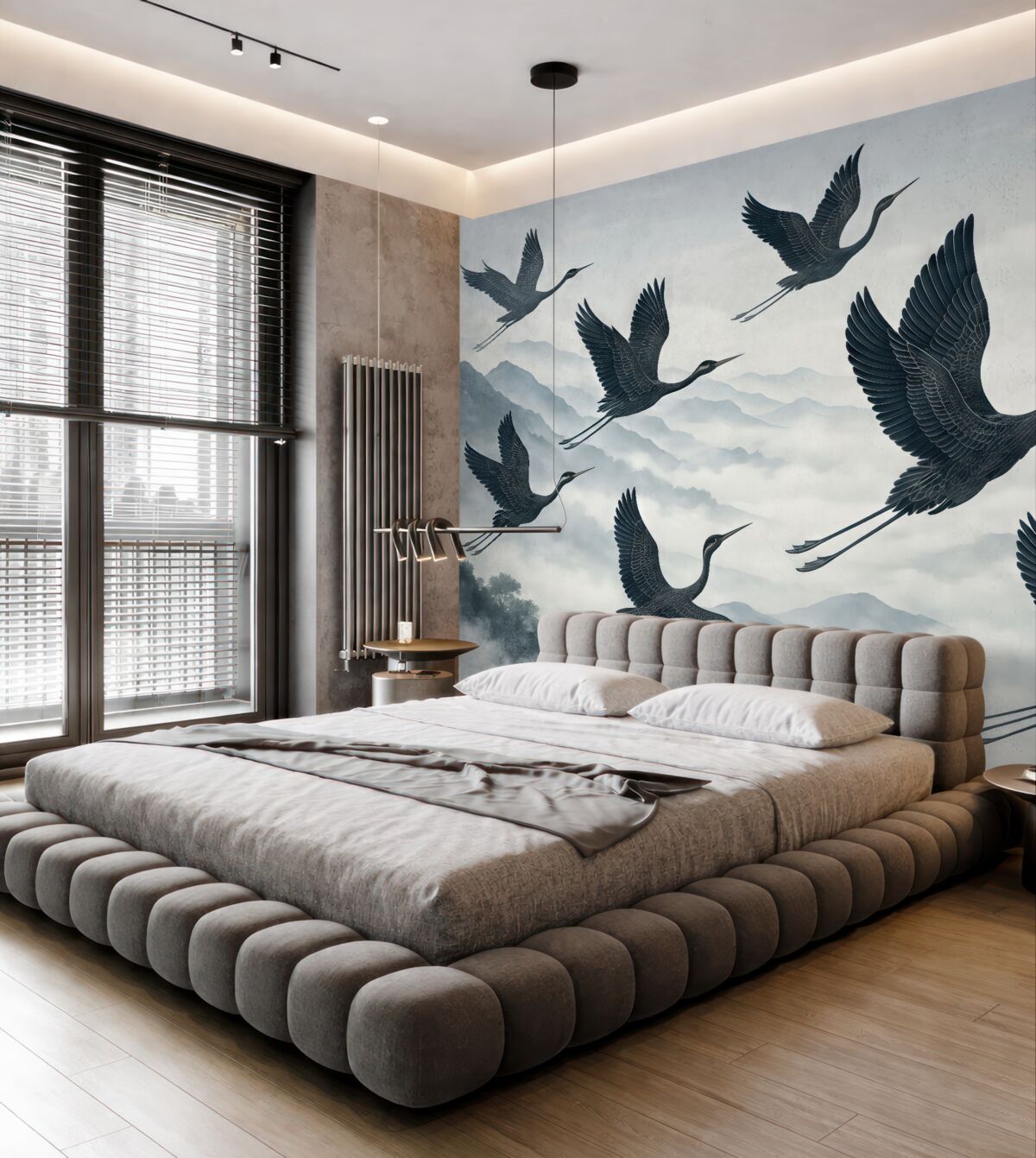 Fototapeta Żurawie unoszące się nad błękitnymi szczytami.