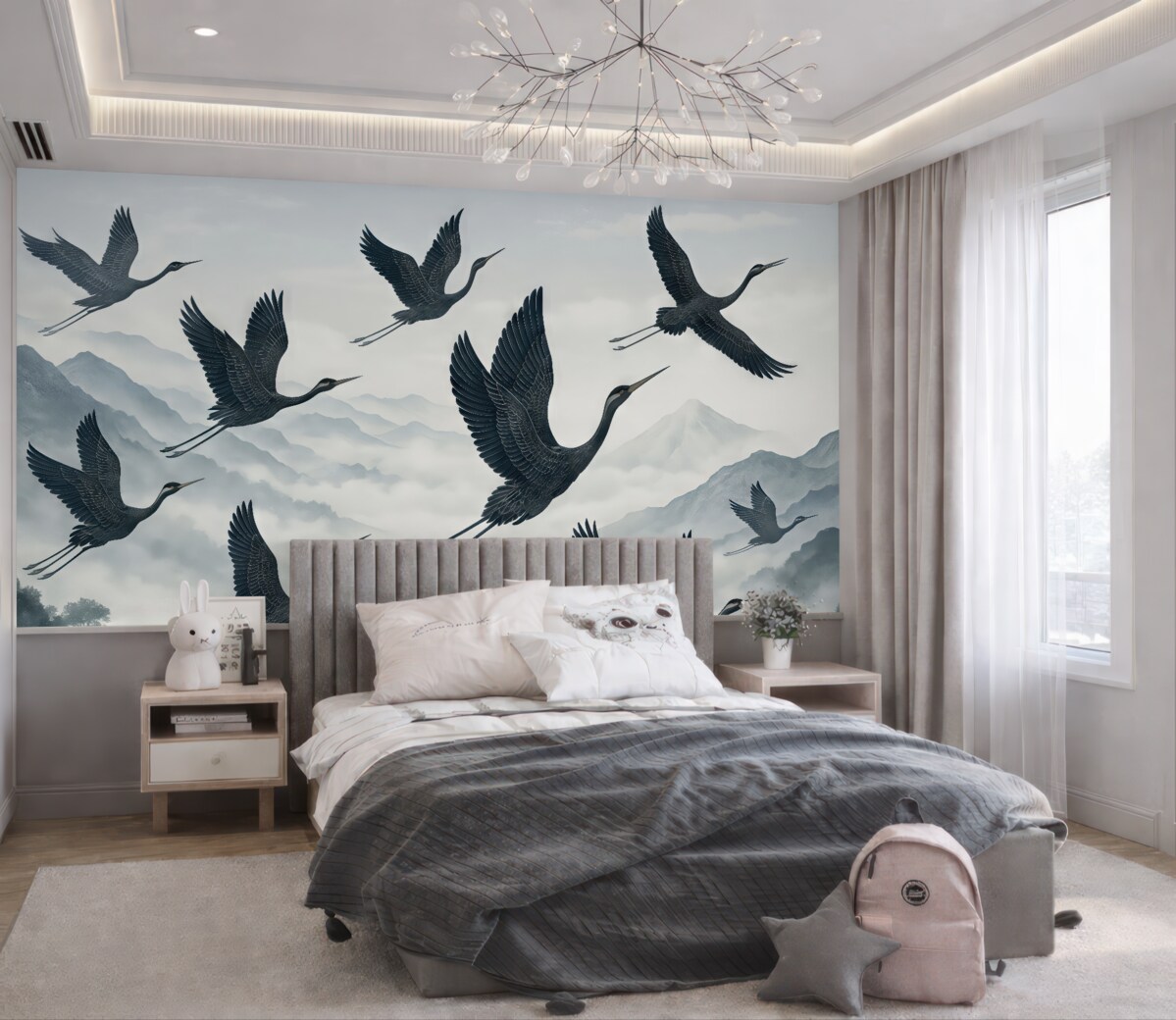 Fototapeta Żurawie unoszące się nad błękitnymi szczytami.