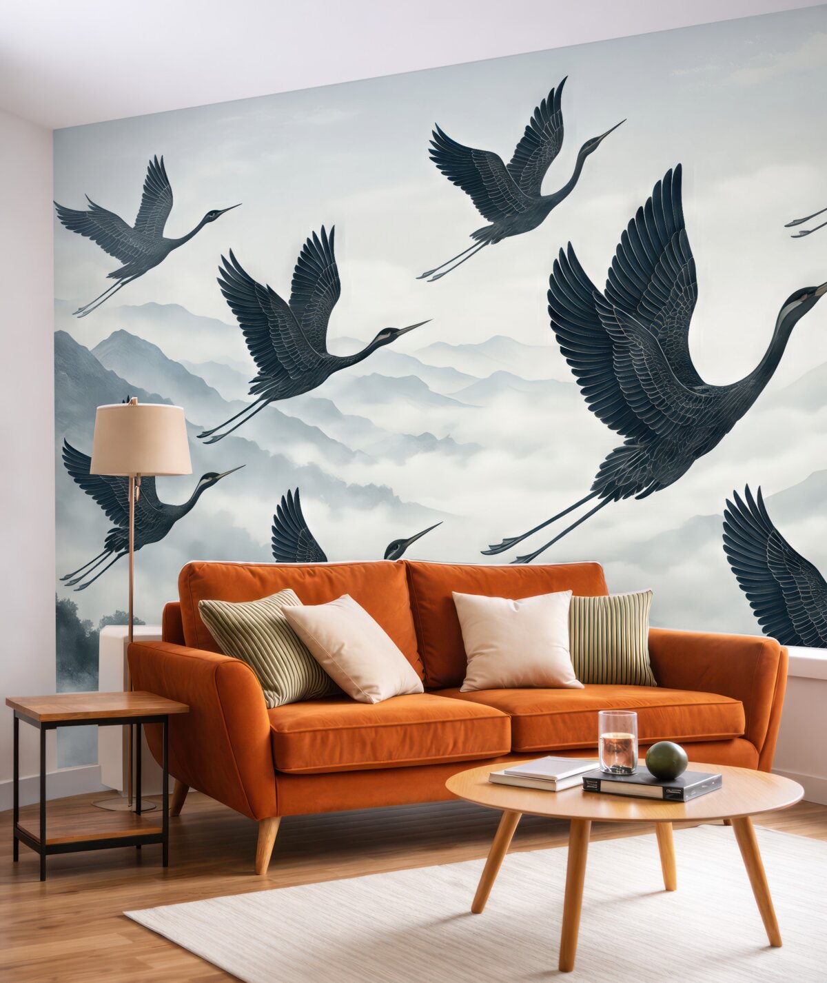 Fototapeta Żurawie unoszące się nad błękitnymi szczytami.