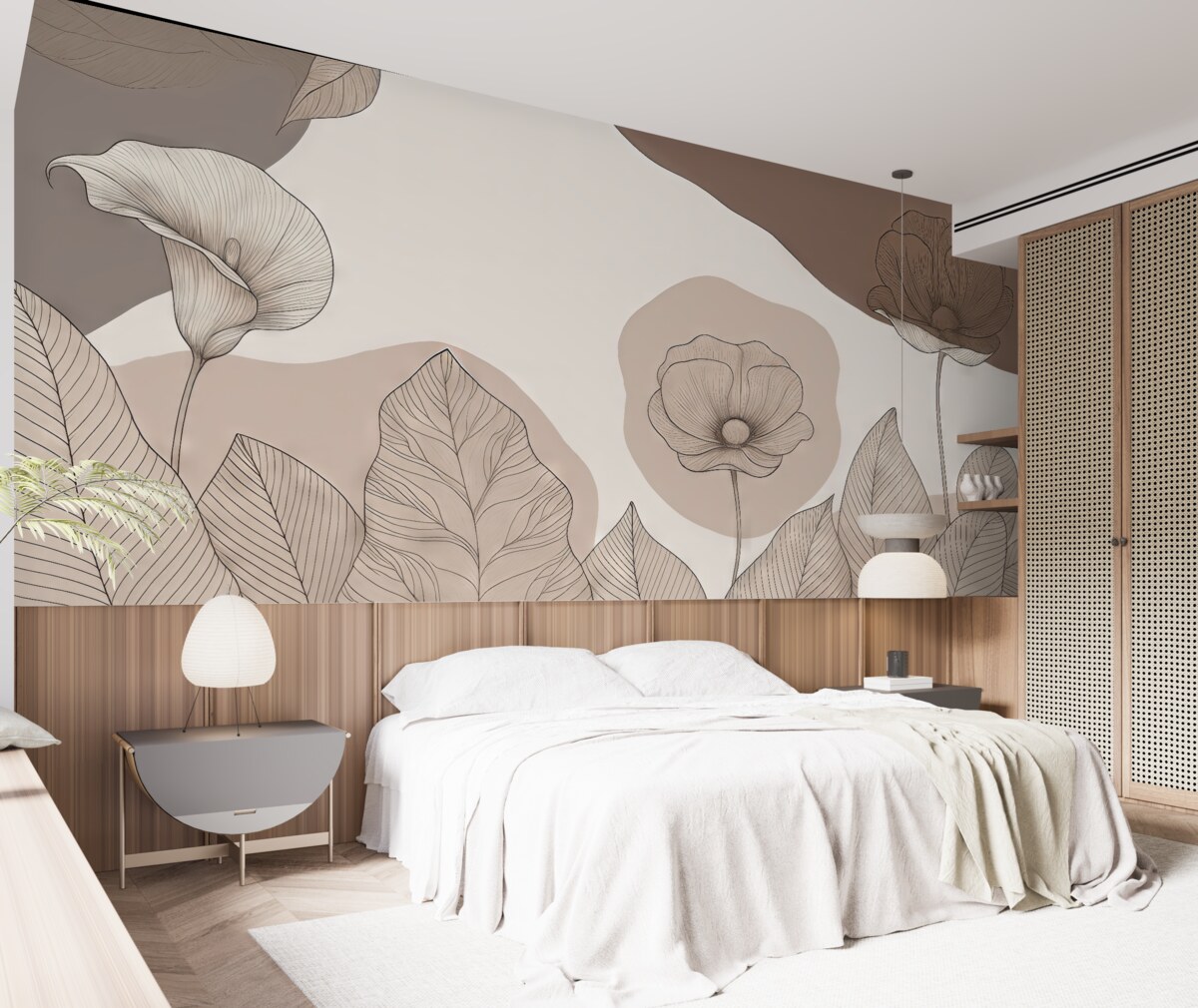 Fototapeta grafika linii, kwiaty, liście, odcień brązowy