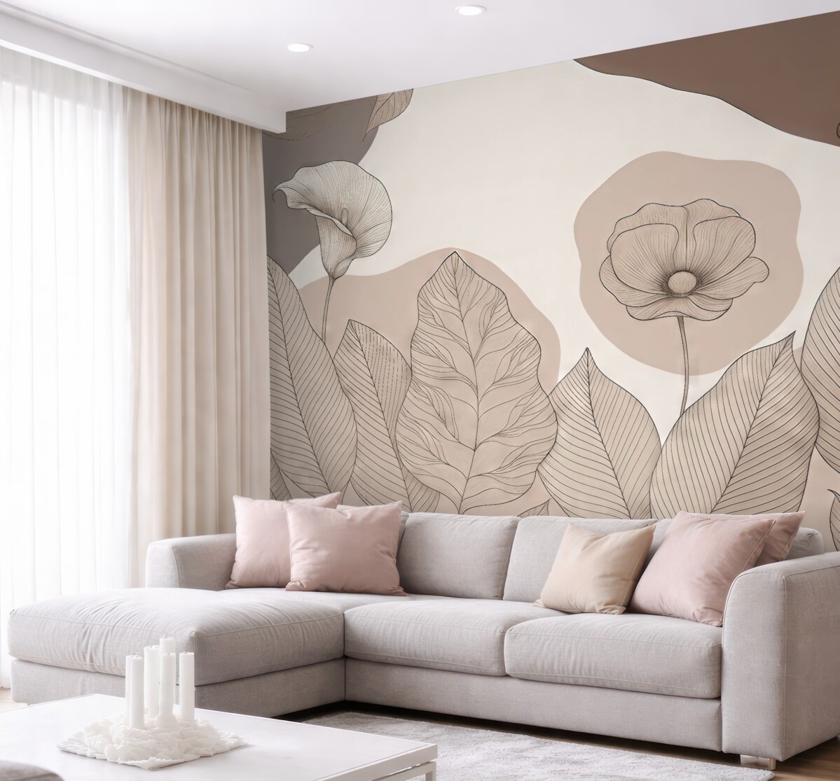 Fototapeta grafika linii, kwiaty, liście, odcień brązowy