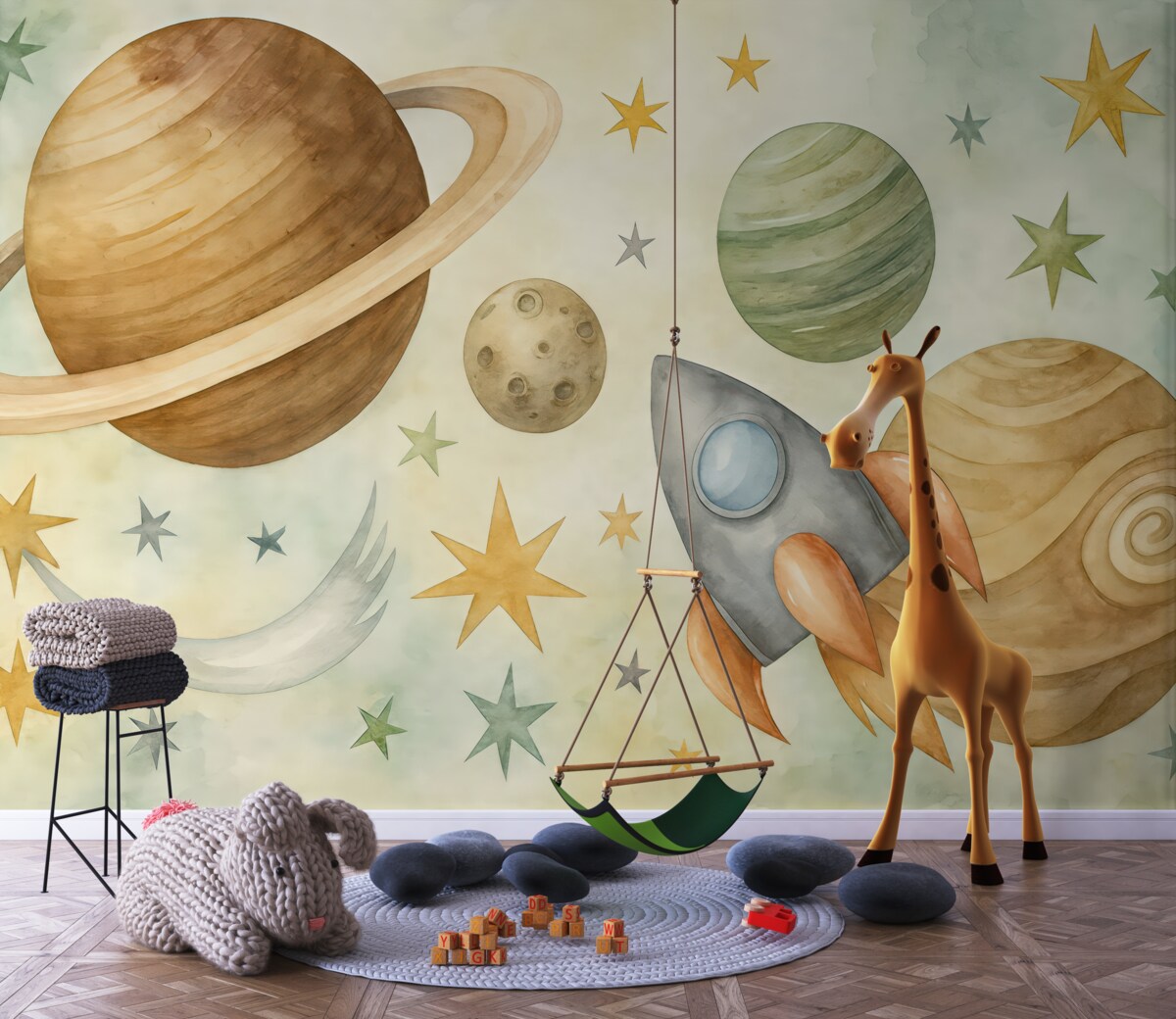 Fototapeta Barwna ilustracja ukazująca różne planety oraz akwarelę przedstawiającą kosmos.