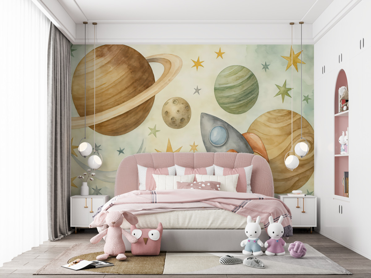 Fototapeta Barwna ilustracja ukazująca różne planety oraz akwarelę przedstawiającą kosmos.