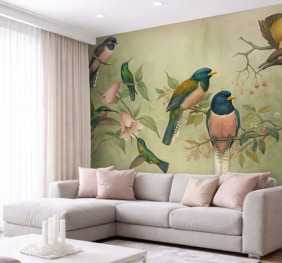 Fototapeta Zbiorowisko barwnych ptaków usadowionych na konarach na wzorzystym tle.