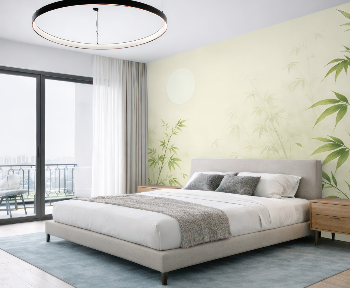 Fototapeta Minimalizm w stylu Japandi, roślina bambusowa oraz słońce Chinoiserie, odcień zieleni.