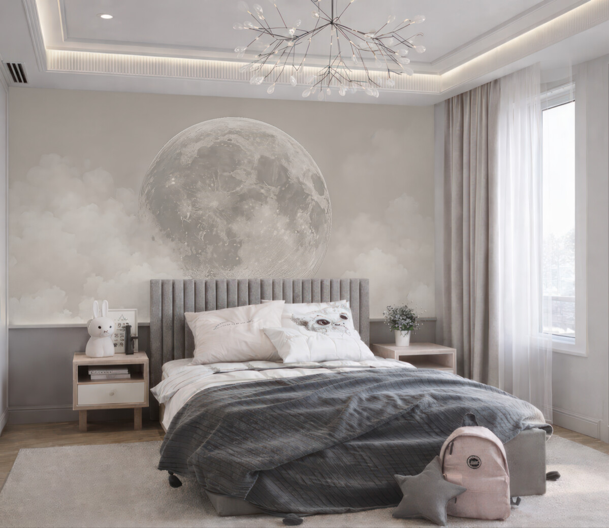 Fototapeta Ogromny księżyc wśród obłoków w beżowym stylu loftowym.