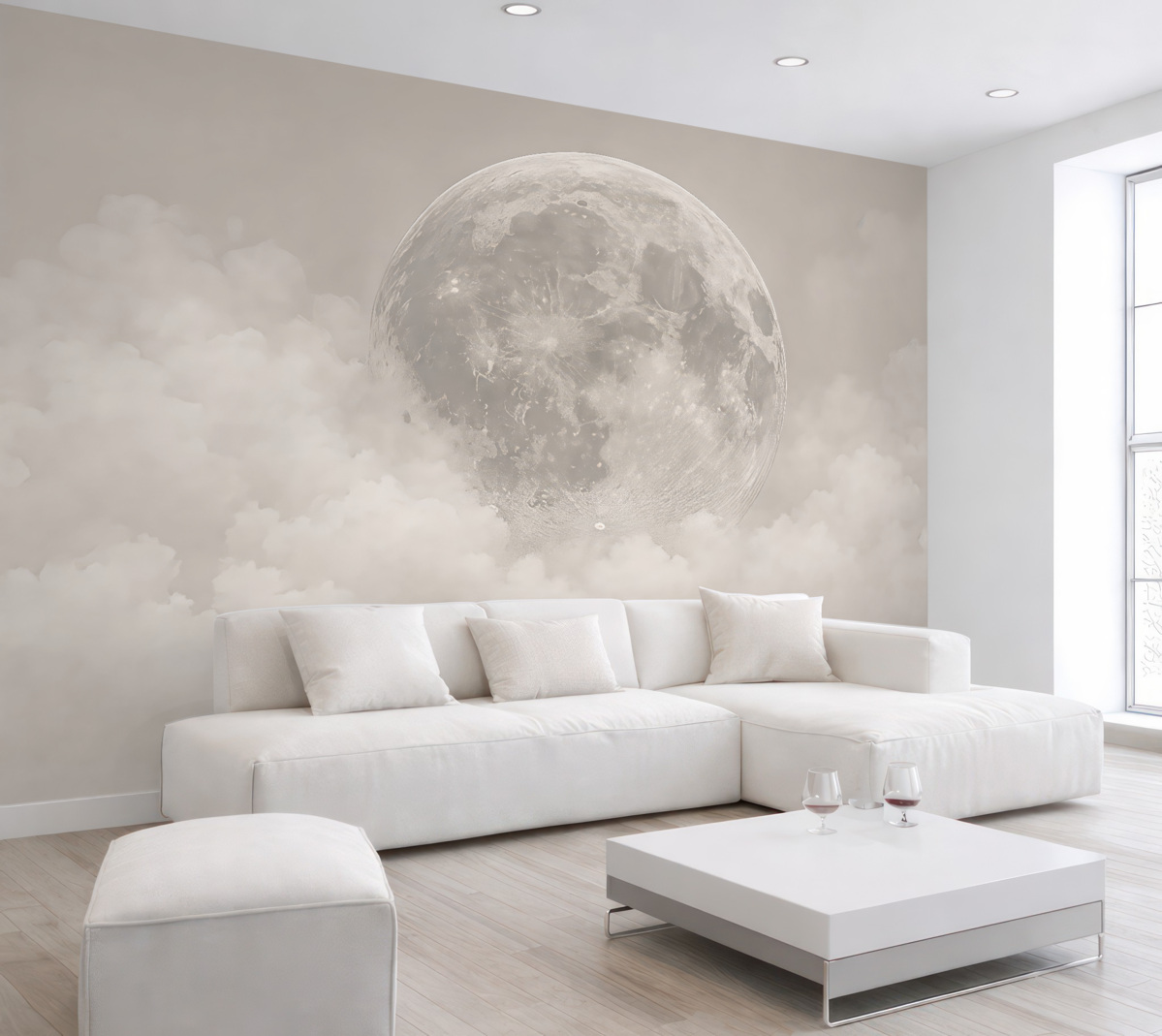 Fototapeta Ogromny księżyc wśród obłoków w beżowym stylu loftowym.