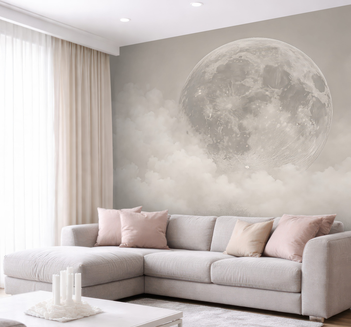 Fototapeta Ogromny księżyc wśród obłoków w beżowym stylu loftowym.