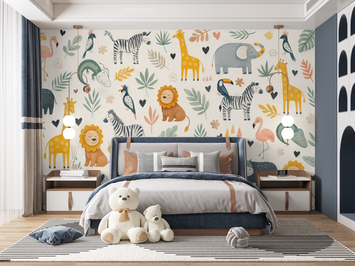 Fototapeta Zwierzęta, lwy, żyrafy, słonie, liście, pokój dla dzieci.