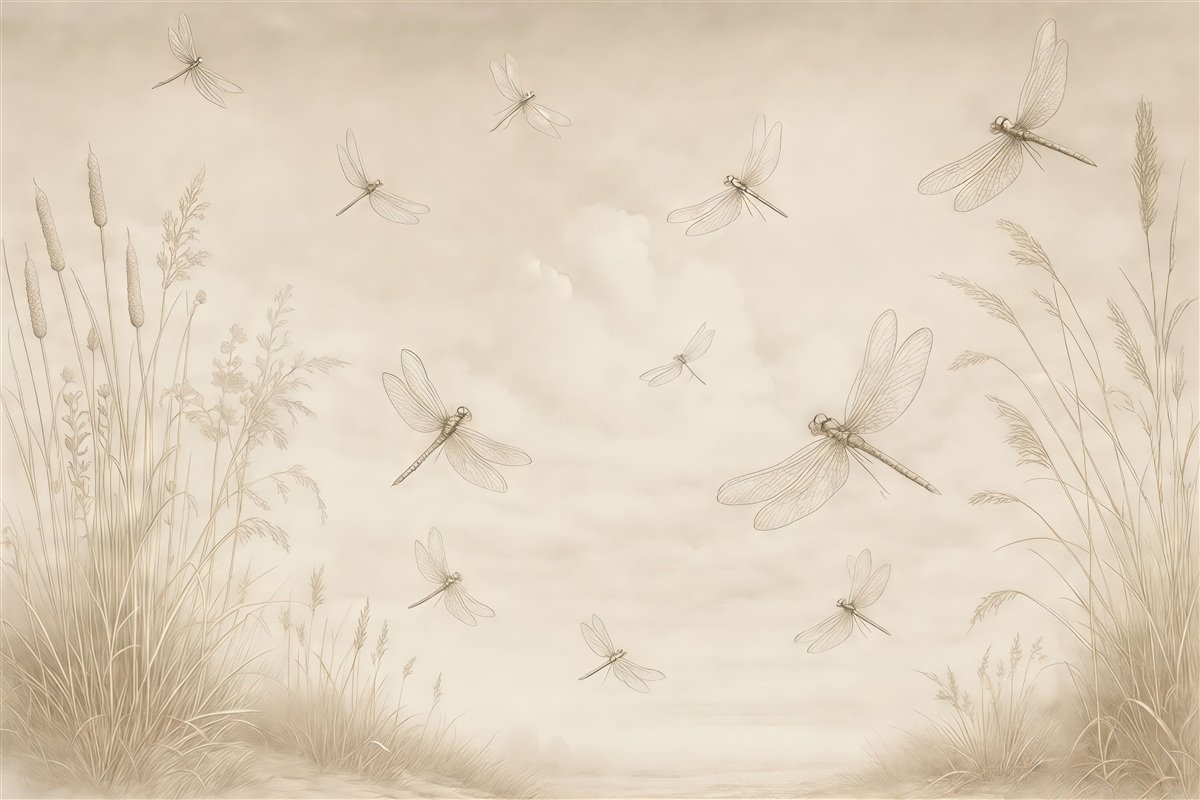 Fototapeta Kształt trzciny i ważek na brązowej otoczce.