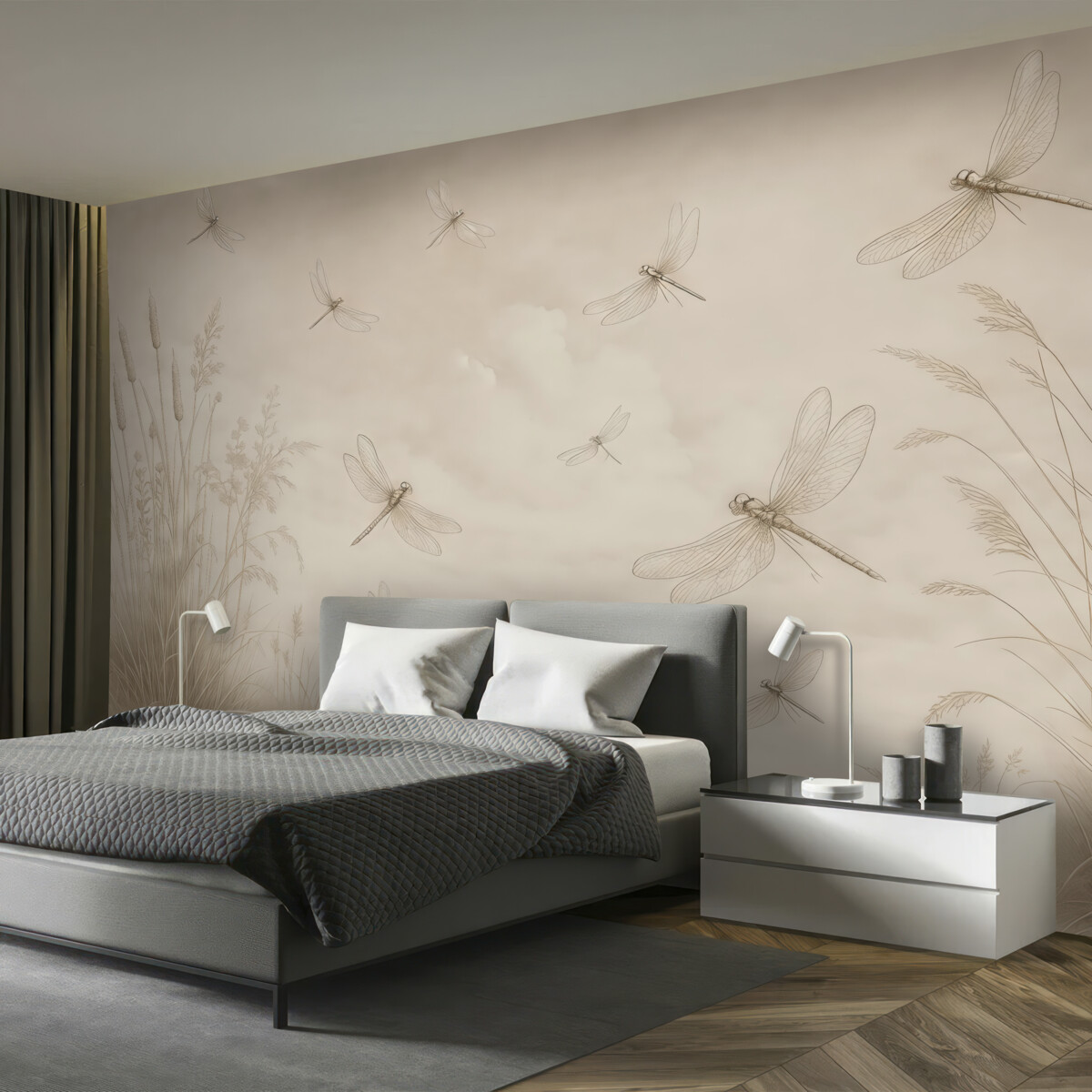 Fototapeta Kształt trzciny i ważek na brązowej otoczce.