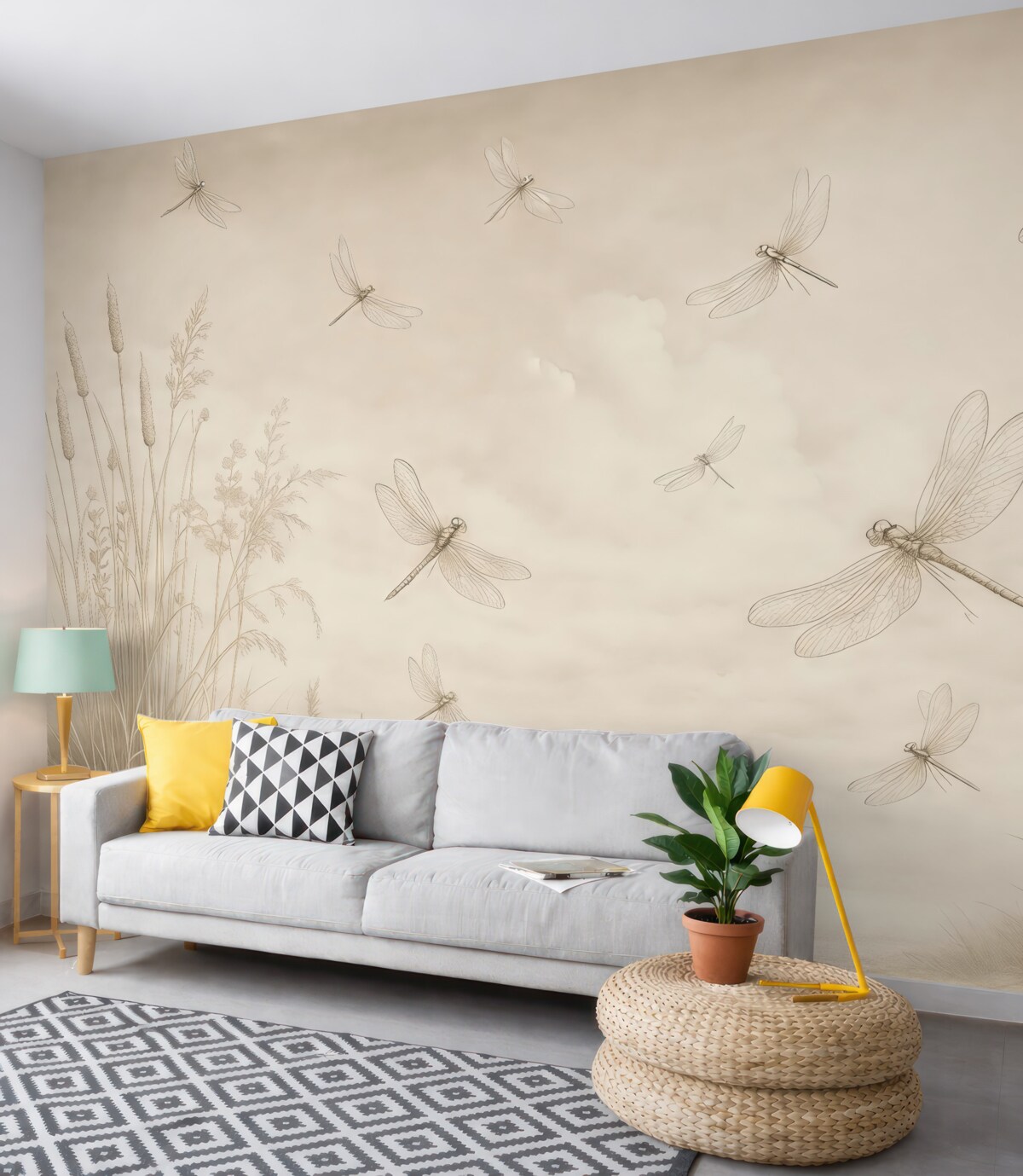 Fototapeta Kształt trzciny i ważek na brązowej otoczce.