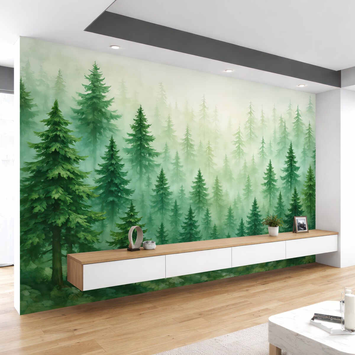 Fototapeta Gęsty las w intensywnych odcieniach zieleni.