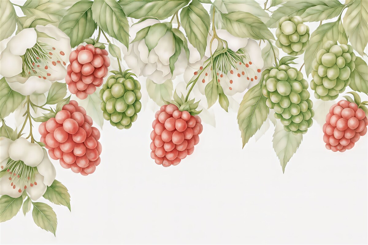 Fototapeta Wielkie maliny na gałęzi z liśćmi oraz białymi kwiatami, akwarela, czerwień, biel, zieleń.