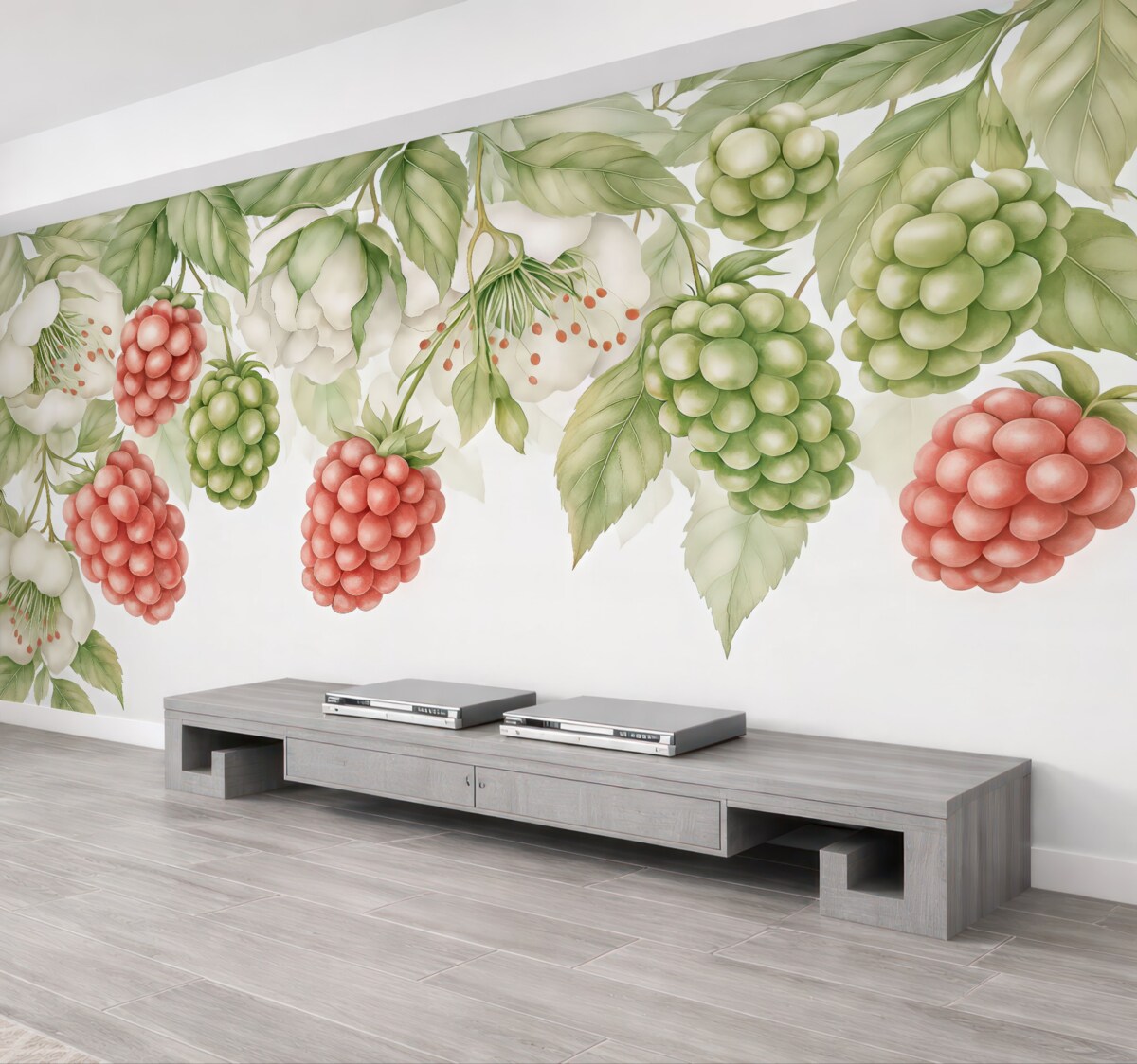 Fototapeta Wielkie maliny na gałęzi z liśćmi oraz białymi kwiatami, akwarela, czerwień, biel, zieleń.