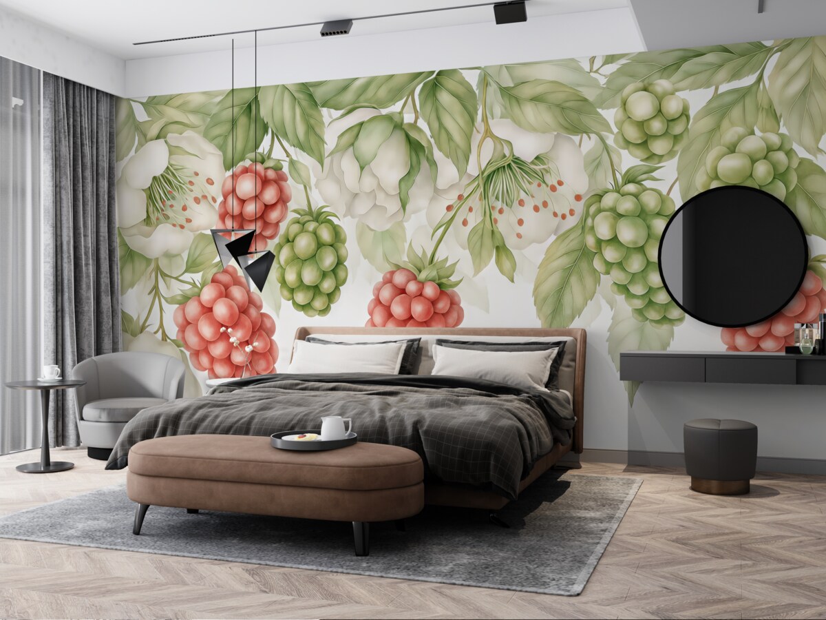 Fototapeta Wielkie maliny na gałęzi z liśćmi oraz białymi kwiatami, akwarela, czerwień, biel, zieleń.