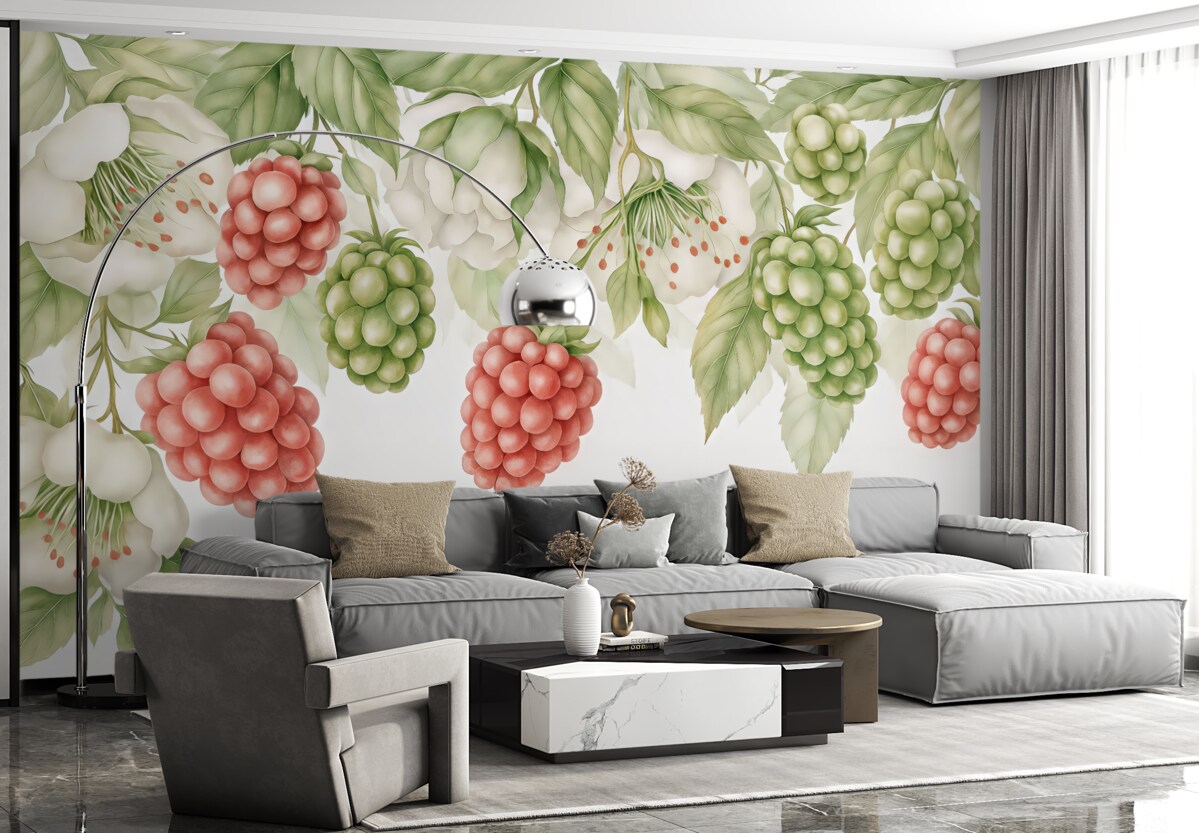 Fototapeta Wielkie maliny na gałęzi z liśćmi oraz białymi kwiatami, akwarela, czerwień, biel, zieleń.