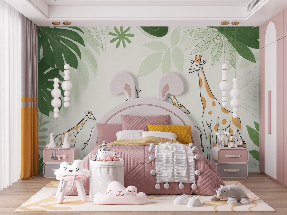 Fototapeta Żyrafy wyciągające się wysoko wśród liści.