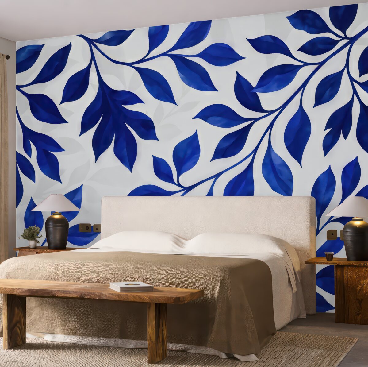 Fototapeta Liście tropikalne, akwarela, wzór kwiatowy, odcień niebieski.