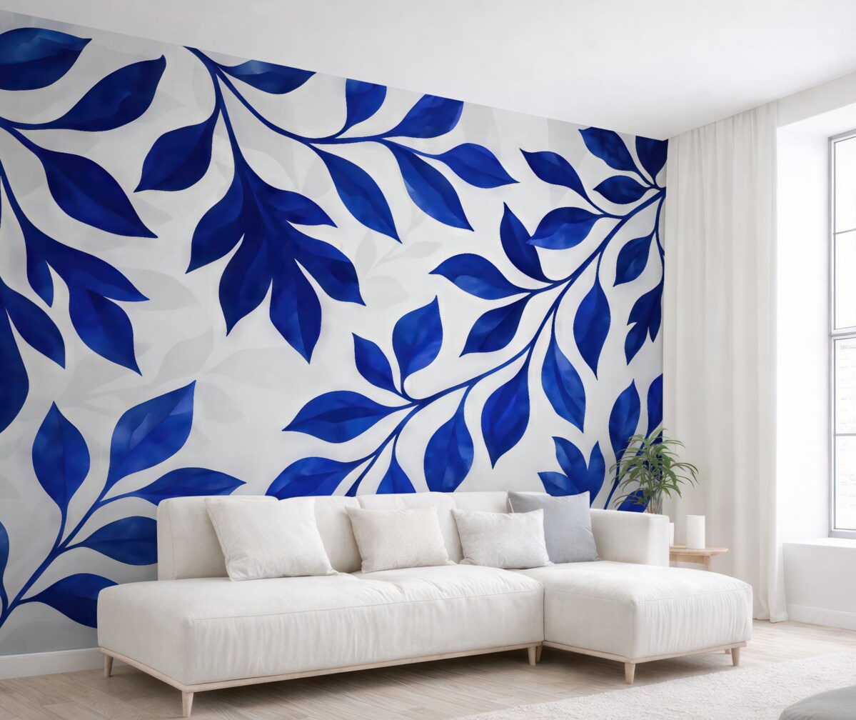 Fototapeta Liście tropikalne, akwarela, wzór kwiatowy, odcień niebieski.