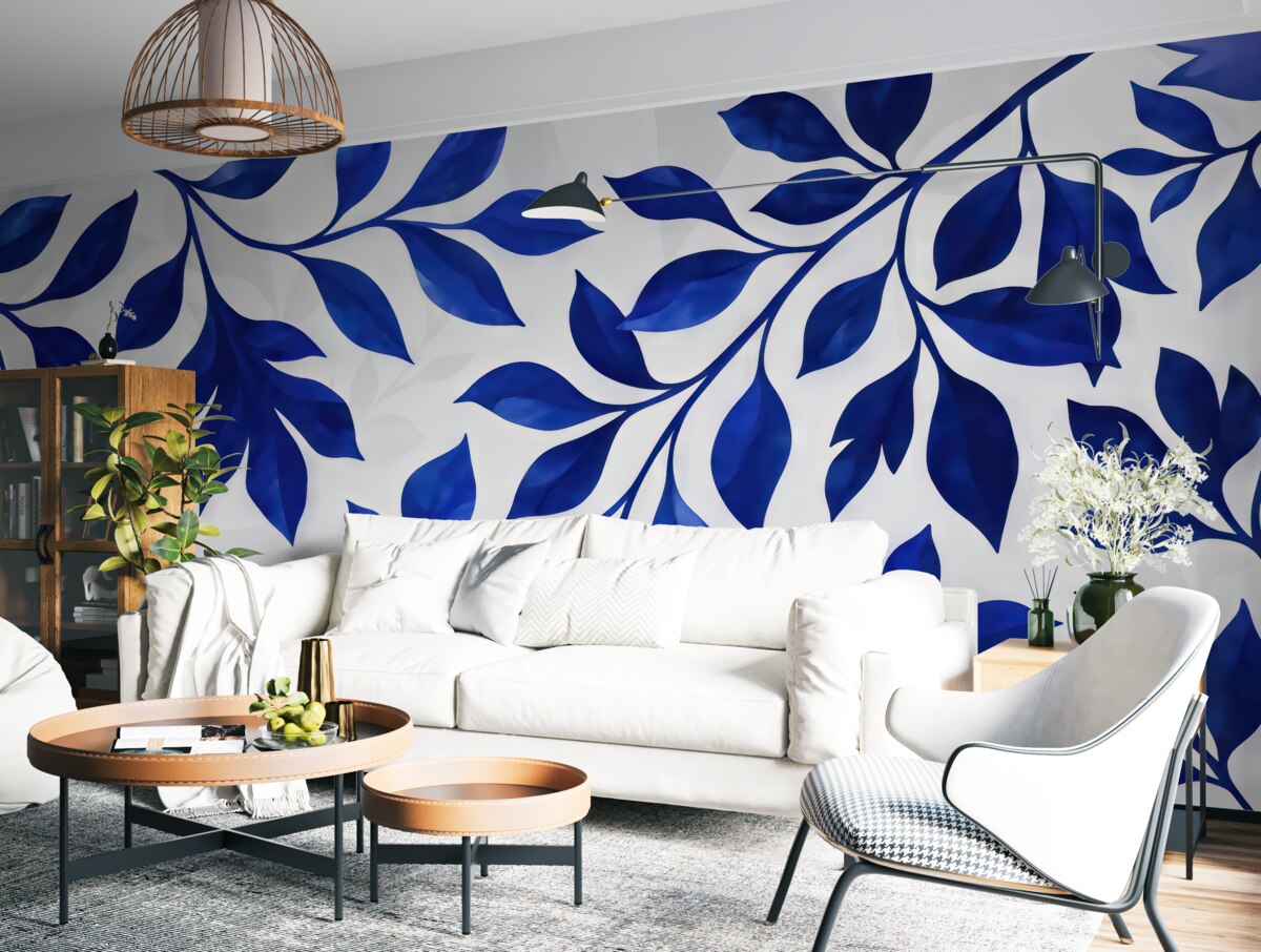 Fototapeta Liście tropikalne, akwarela, wzór kwiatowy, odcień niebieski.