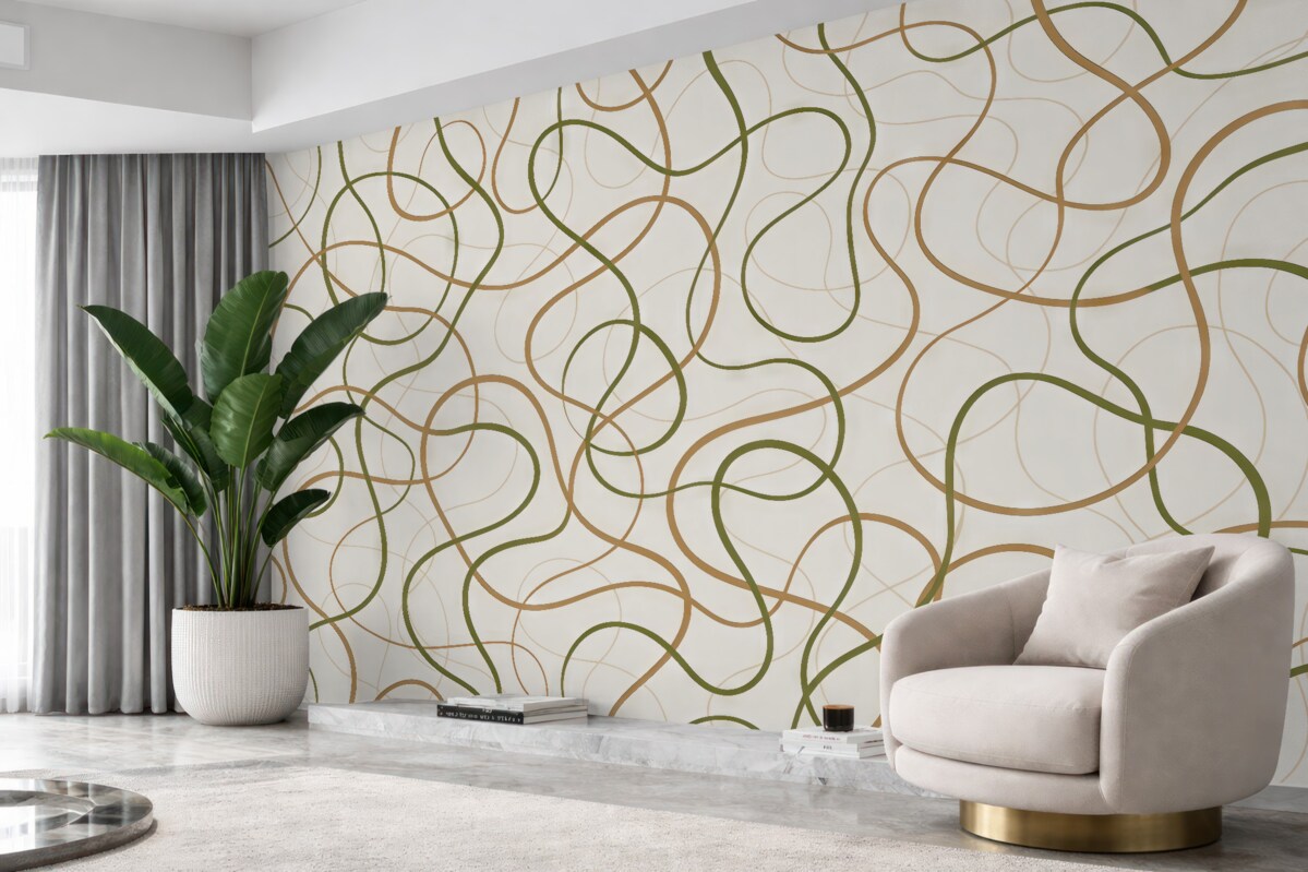 Fototapeta Abstrakcyjne linie, minimalistyczny, geometryczny motyw, zieleń oraz beż.