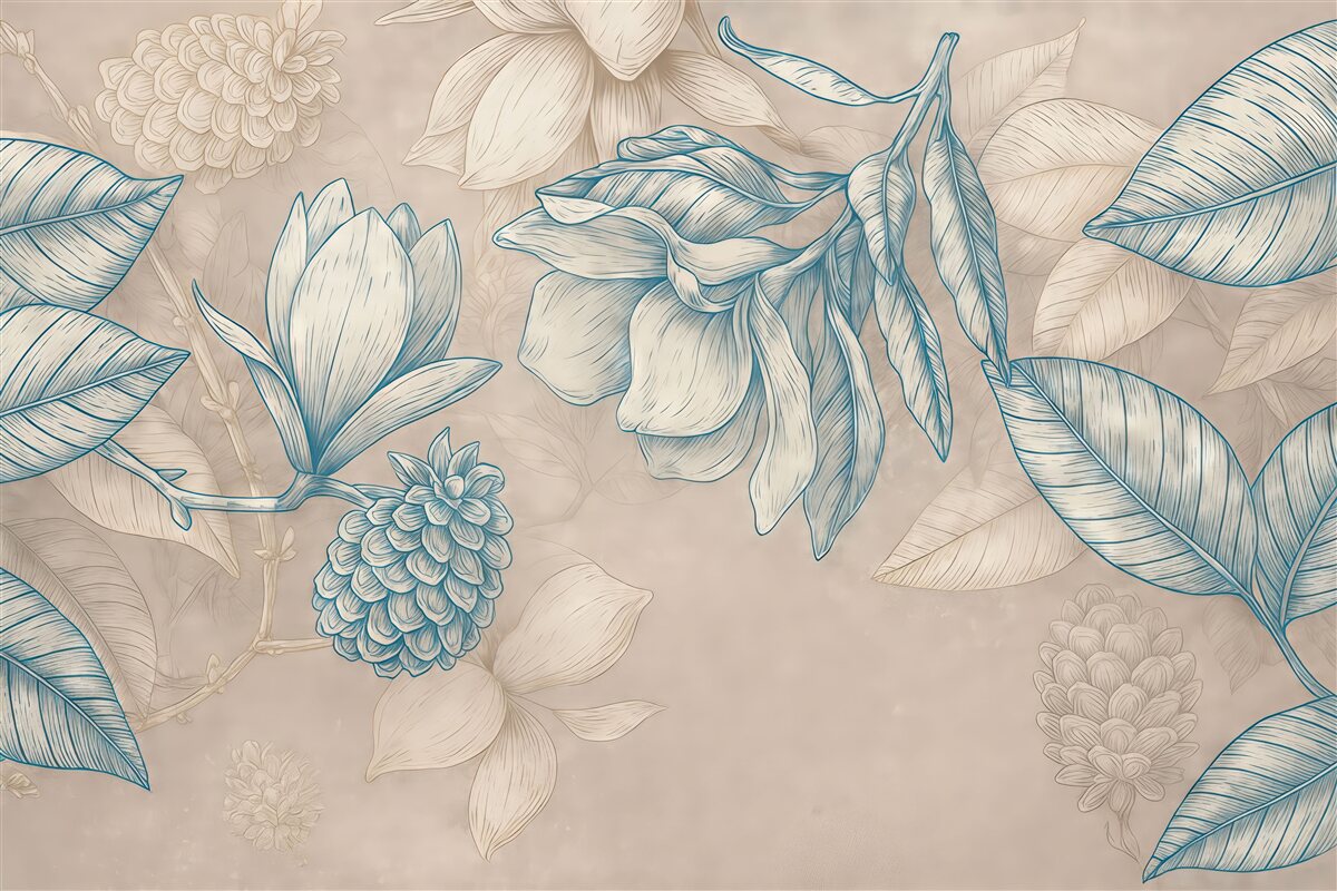 Fototapeta Wzór kwiatowy z dużymi kwiatami, liście na jasnym beżowym tle.