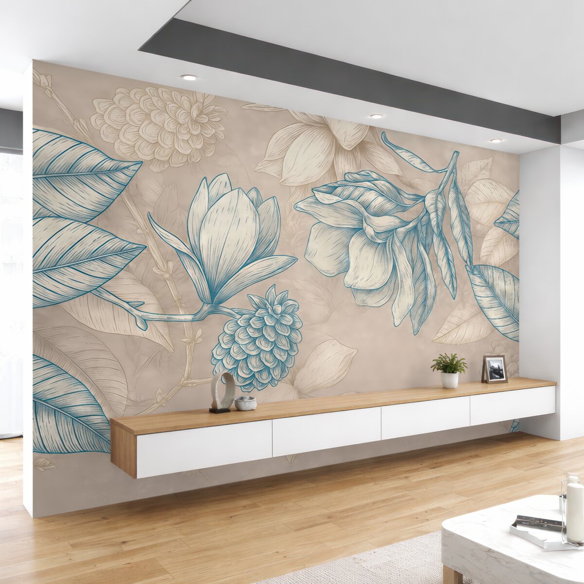 Fototapeta Wzór kwiatowy z dużymi kwiatami, liście na jasnym beżowym tle.