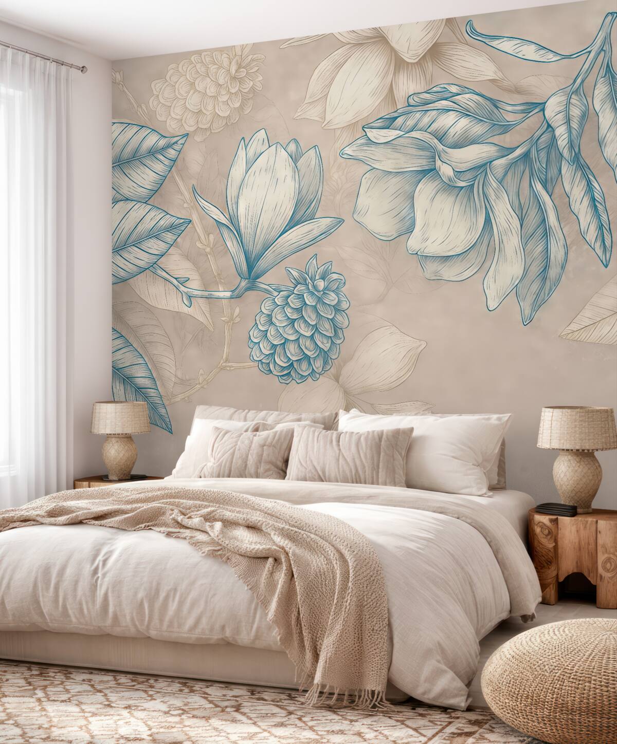 Fototapeta Wzór kwiatowy z dużymi kwiatami, liście na jasnym beżowym tle.